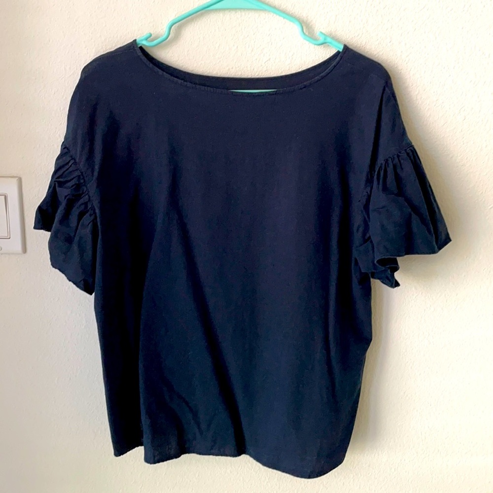 Navy ruffled sleeve top